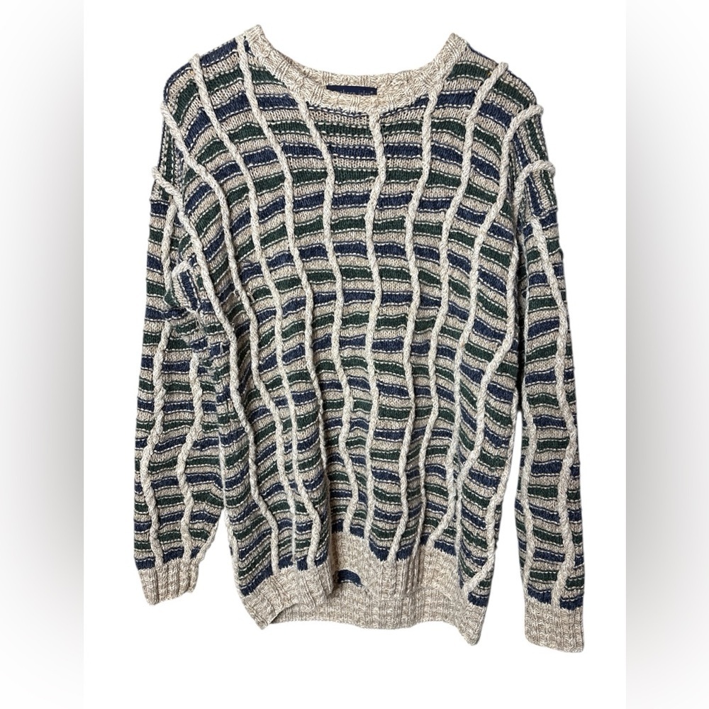 VTG Northern Isles Mens Hand Knit 3D Fisherman Sweater Size L 80S Grandpacore